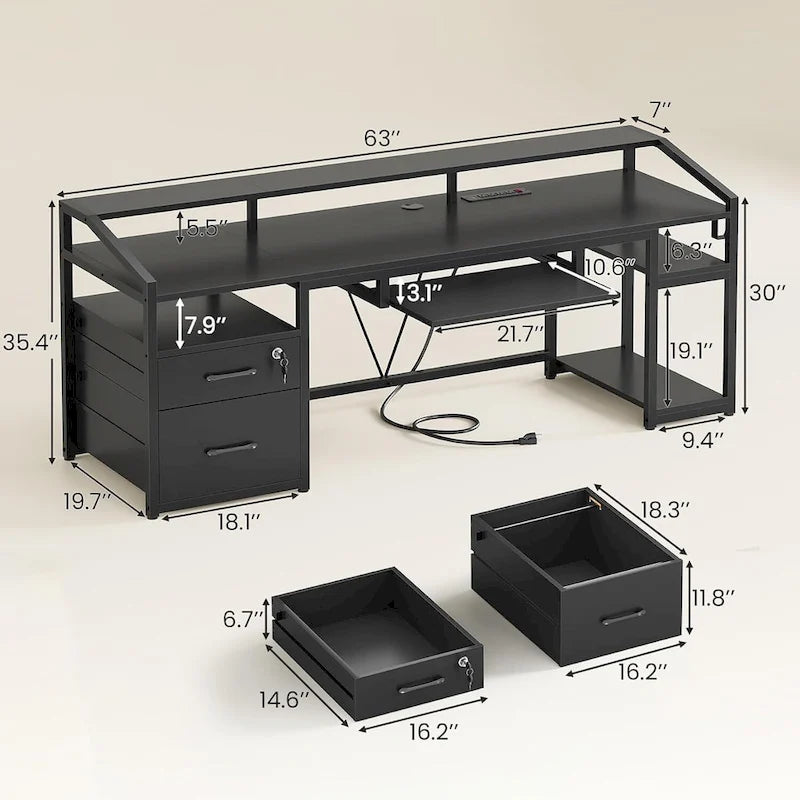 Bureau d'ordinateur LED avec tiroirs verrouillables, support de clavier et prise de courant