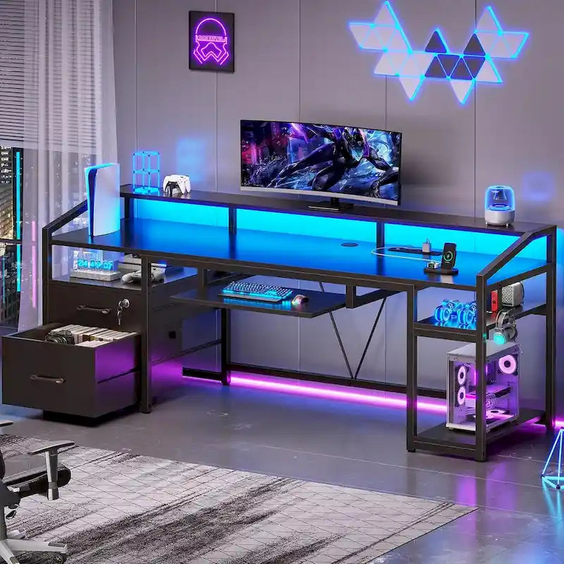 Bureau d'ordinateur LED avec tiroirs verrouillables, support de clavier et prise de courant