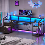 Bureau d'ordinateur LED avec tiroirs verrouillables, support de clavier et prise de courant
