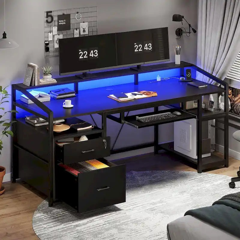 Bureau d'ordinateur LED avec tiroirs verrouillables, support de clavier et prise de courant
