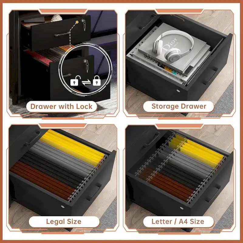 Bureau d'ordinateur LED avec tiroirs verrouillables, support de clavier et prise de courant
