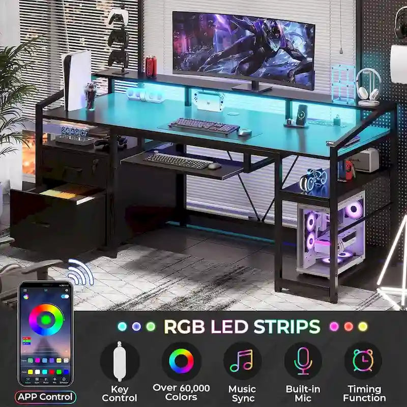 Bureau d'ordinateur LED avec tiroirs verrouillables, support de clavier et prise de courant