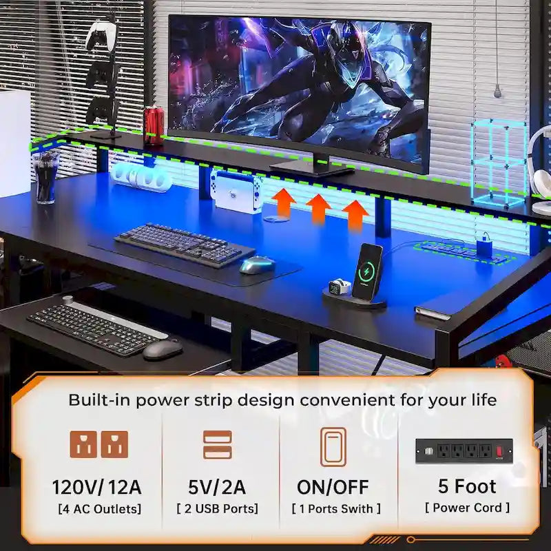 Bureau d'ordinateur LED avec tiroirs verrouillables, support de clavier et prise de courant