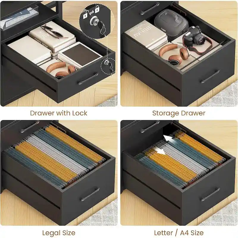 Bureau d'ordinateur LED avec tiroirs verrouillables, support de clavier et prise de courant