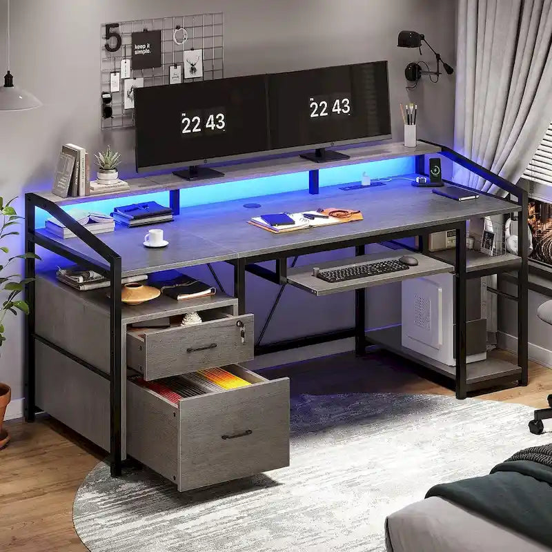 Bureau d'ordinateur LED avec tiroirs verrouillables, support de clavier et prise de courant
