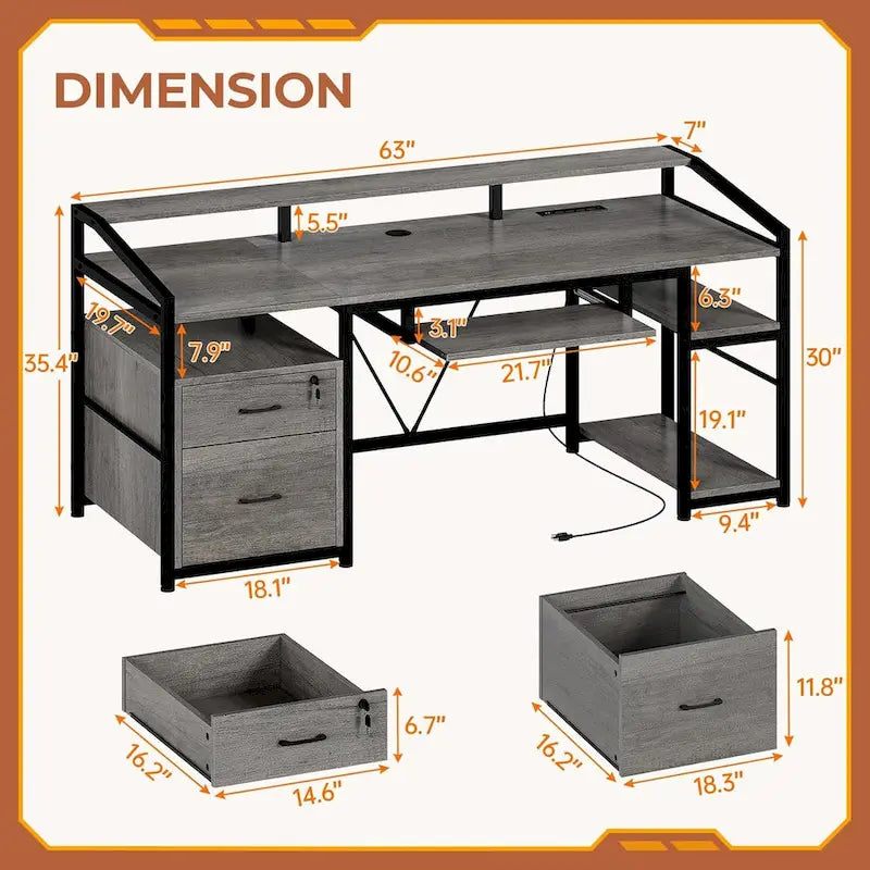 Bureau d'ordinateur LED avec tiroirs verrouillables, support de clavier et prise de courant