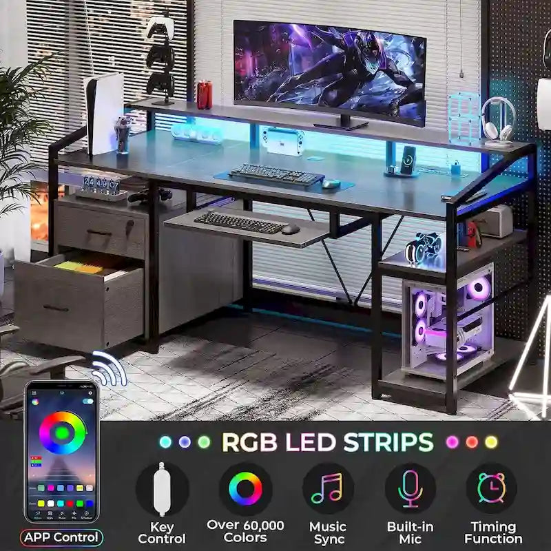 Bureau d'ordinateur LED avec tiroirs verrouillables, support de clavier et prise de courant