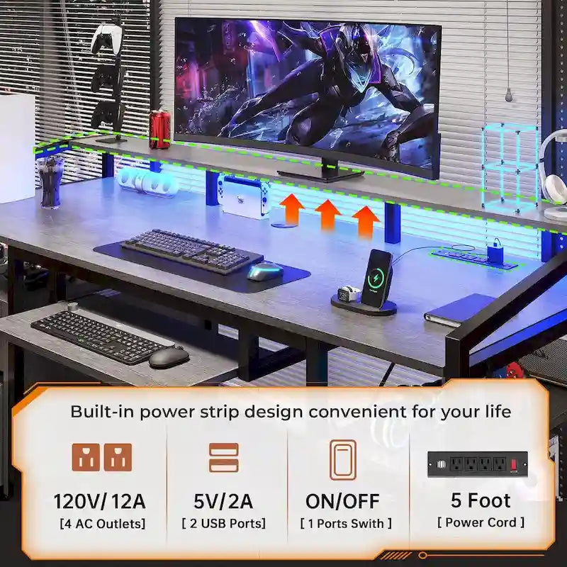 Bureau d'ordinateur LED avec tiroirs verrouillables, support de clavier et prise de courant