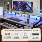 Bureau d'ordinateur LED avec tiroirs verrouillables, support de clavier et prise de courant