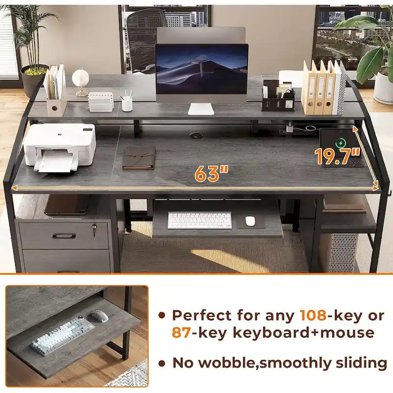 Bureau d'ordinateur LED avec tiroirs verrouillables, support de clavier et prise de courant