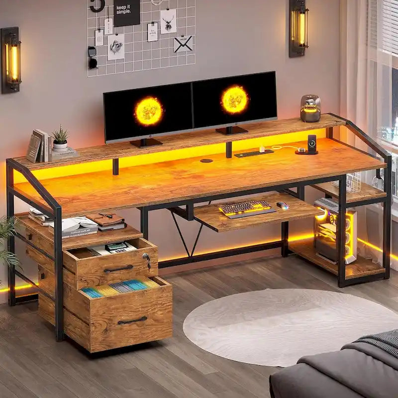 Bureau d'ordinateur LED avec tiroirs verrouillables, support de clavier et prise de courant