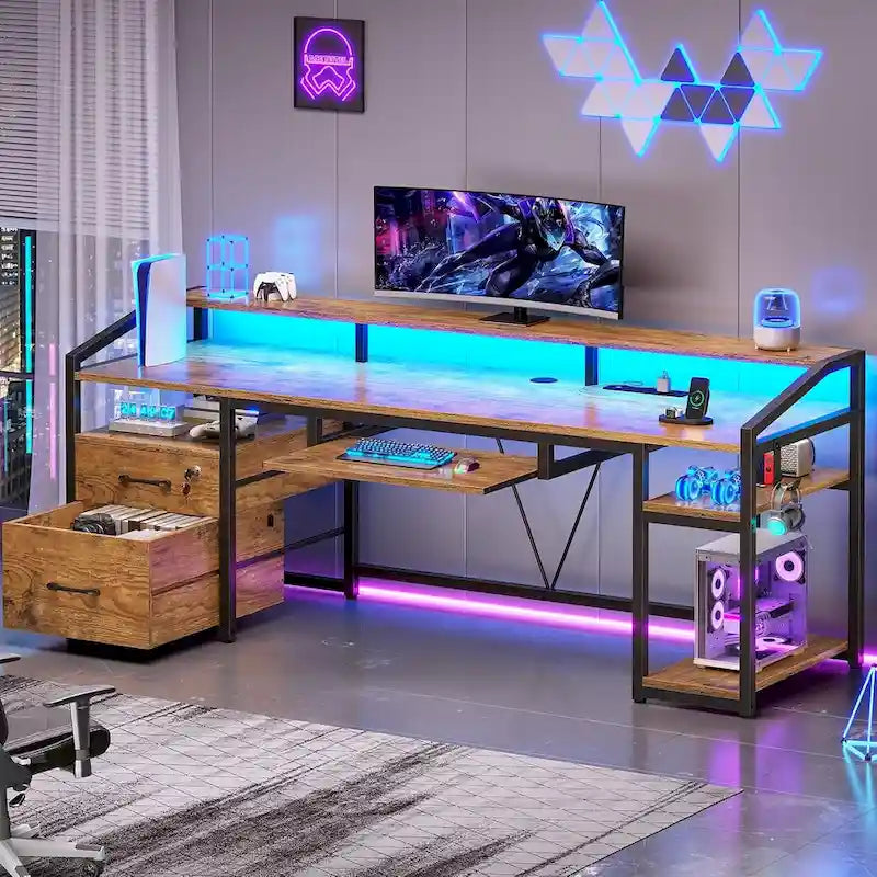 Bureau d'ordinateur LED avec tiroirs verrouillables, support de clavier et prise de courant