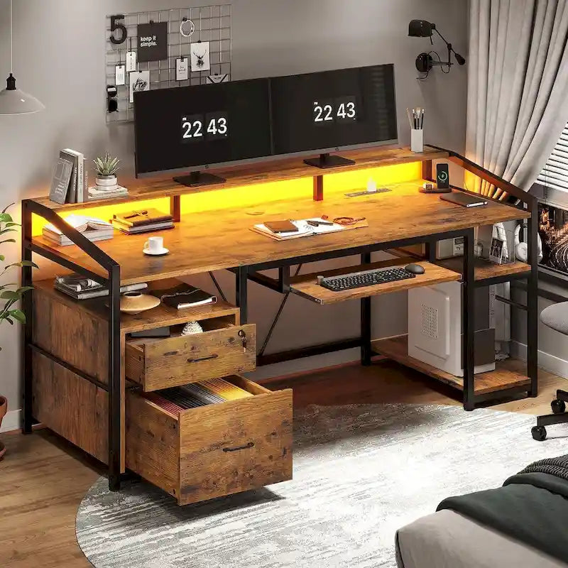 Bureau d'ordinateur LED avec tiroirs verrouillables, support de clavier et prise de courant