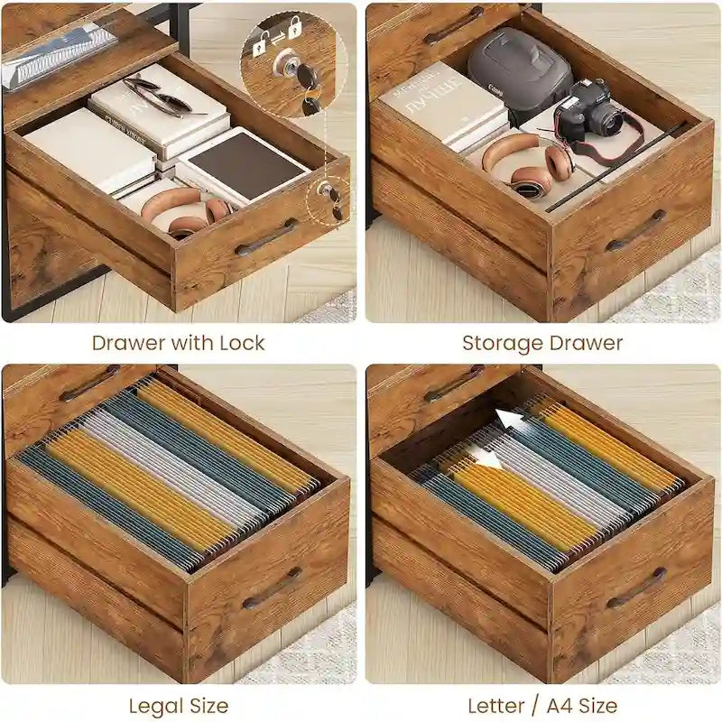 Bureau d'ordinateur LED avec tiroirs verrouillables, support de clavier et prise de courant