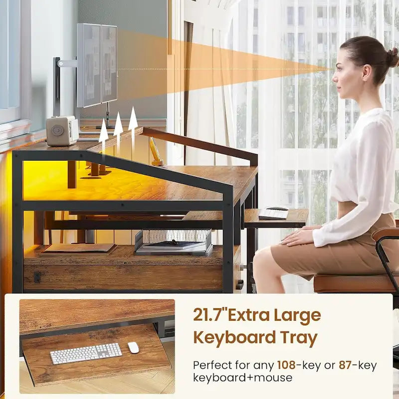 Bureau d'ordinateur LED avec tiroirs verrouillables, support de clavier et prise de courant