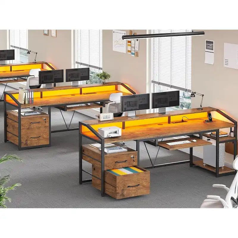 Bureau d'ordinateur LED avec tiroirs verrouillables, support de clavier et prise de courant