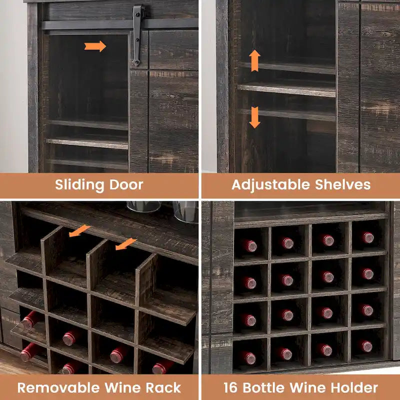 Buffet de bar à vin de ferme avec 16 porte-bouteilles - 40 P x 120 L x 88 H cm