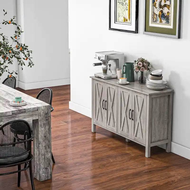 HOMCOM Meuble Buffet, Commode 47 avec 4 Portes Coulissantes et 2 Étagères Réglables, Meuble Bar à Café de Style Ferme