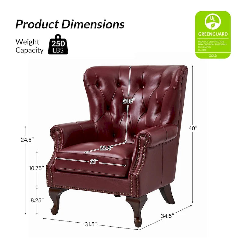 Fauteuil en Cuir Véritable Gerhard avec Clous Décoratifs et Coussins Amovibles, Ensemble de 2, par HULALA HOME