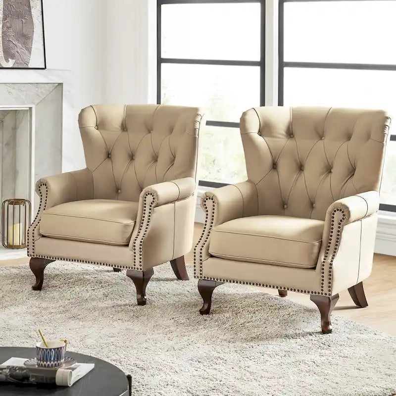 Fauteuil en Cuir Véritable Gerhard avec Clous Décoratifs et Coussins Amovibles, Ensemble de 2, par HULALA HOME
