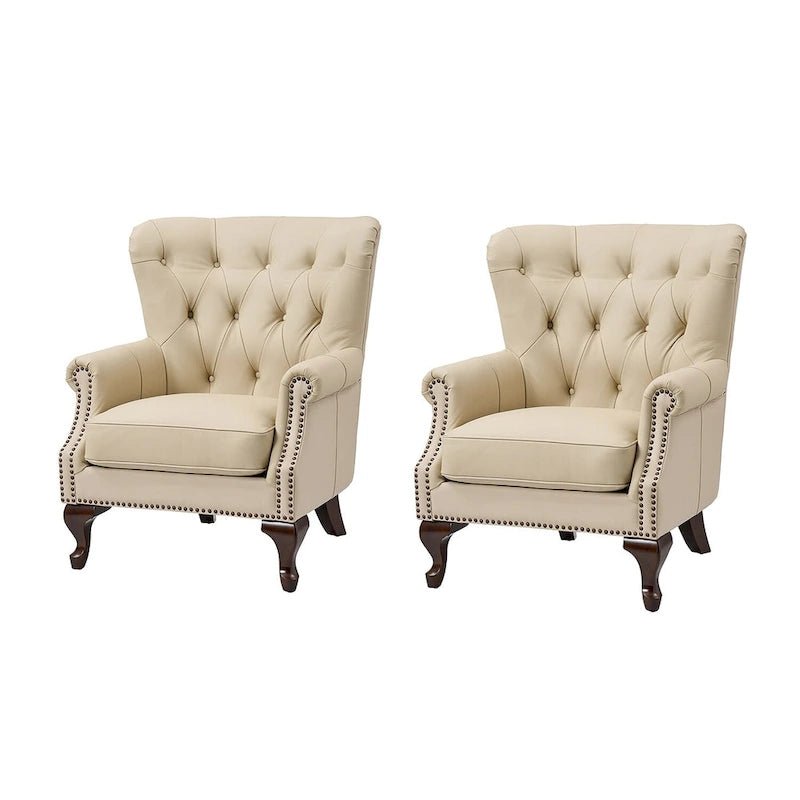 Fauteuil en Cuir Véritable Gerhard avec Clous Décoratifs et Coussins Amovibles, Ensemble de 2, par HULALA HOME