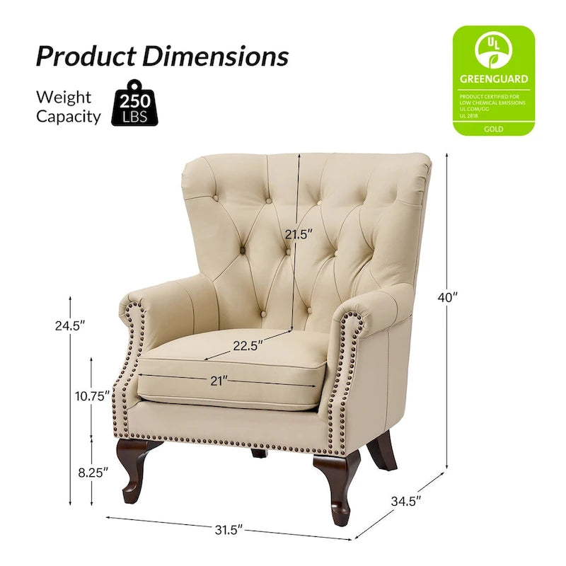 Fauteuil en Cuir Véritable Gerhard avec Clous Décoratifs et Coussins Amovibles, Ensemble de 2, par HULALA HOME