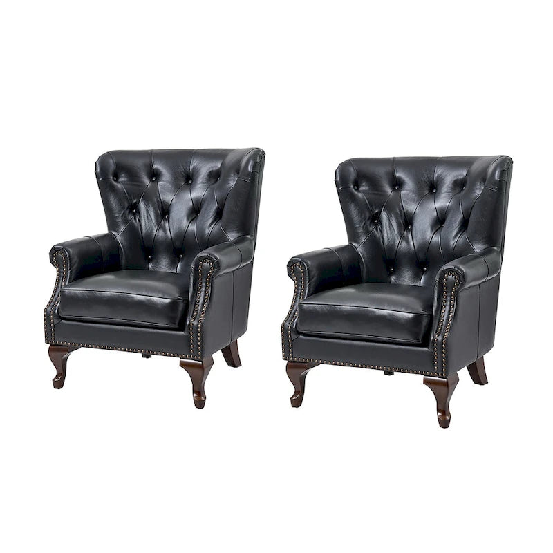 Fauteuil en Cuir Véritable Gerhard avec Clous Décoratifs et Coussins Amovibles, Ensemble de 2, par HULALA HOME