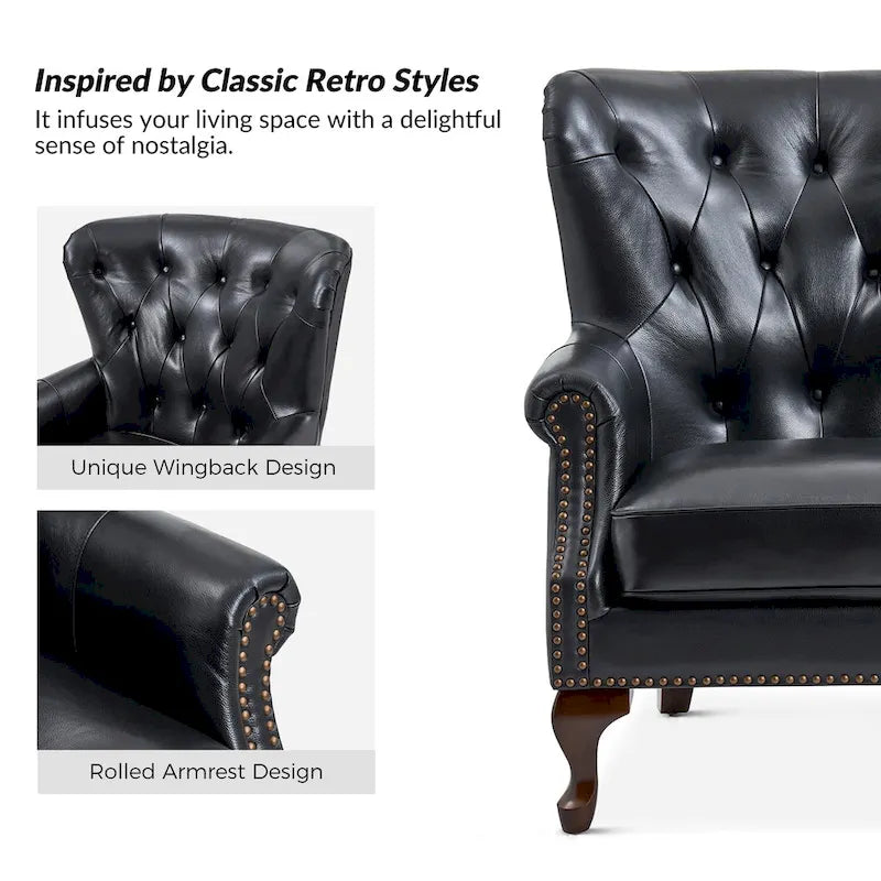 Fauteuil en Cuir Véritable Gerhard avec Clous Décoratifs et Coussins Amovibles, Ensemble de 2, par HULALA HOME