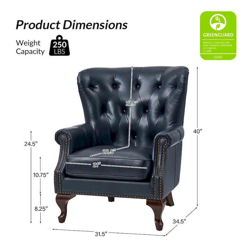 Fauteuil en Cuir Véritable Gerhard avec Clous Décoratifs et Coussins Amovibles, Ensemble de 2, par HULALA HOME