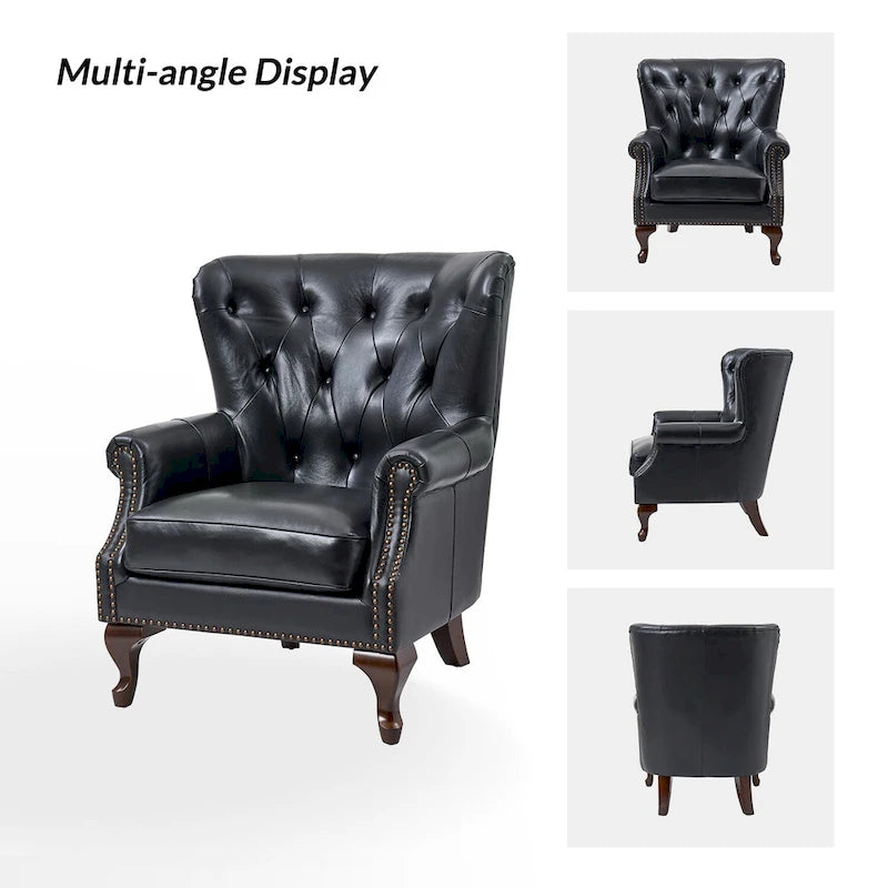 Fauteuil en Cuir Véritable Gerhard avec Clous Décoratifs et Coussins Amovibles, Ensemble de 2, par HULALA HOME