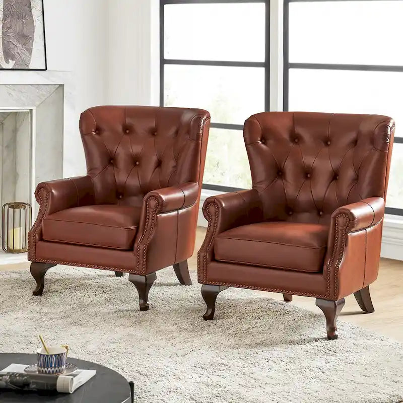 Fauteuil en Cuir Véritable Gerhard avec Clous Décoratifs et Coussins Amovibles, Ensemble de 2, par HULALA HOME