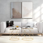 Lot de 2 tables basses avec plateau en verre et piètement en fil métallique, tables d'appoint rondes