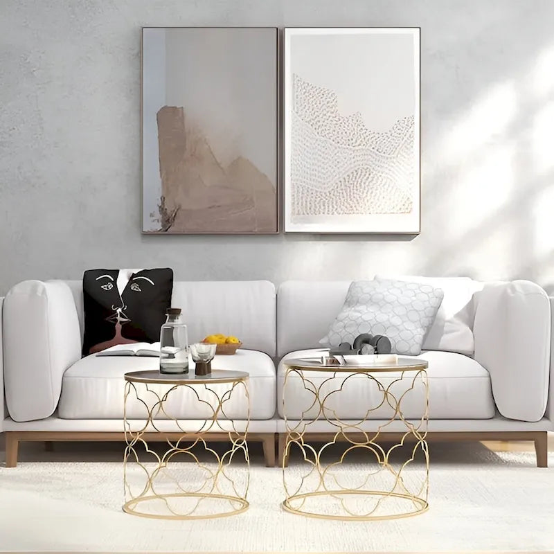 Lot de 2 tables basses avec plateau en verre et piètement en fil métallique, tables d'appoint rondes