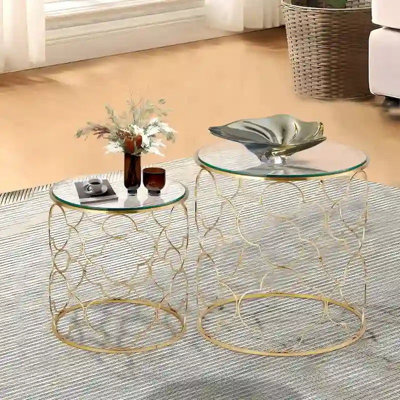 Lot de 2 tables basses avec plateau en verre et piètement en fil métallique, tables d'appoint rondes
