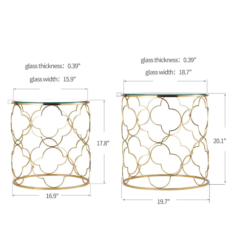 Lot de 2 tables basses avec plateau en verre et piètement en fil métallique, tables d'appoint rondes