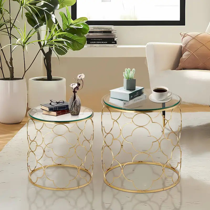 Lot de 2 tables basses avec plateau en verre et piètement en fil métallique, tables d'appoint rondes