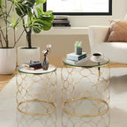 Lot de 2 tables basses avec plateau en verre et piètement en fil métallique, tables d'appoint rondes