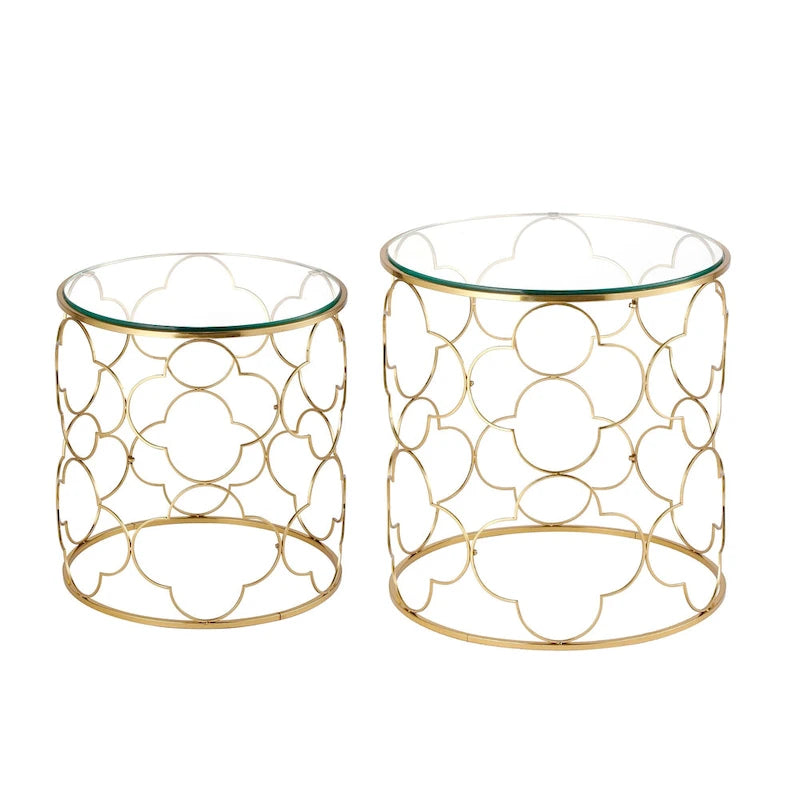 Lot de 2 tables basses avec plateau en verre et piètement en fil métallique, tables d'appoint rondes