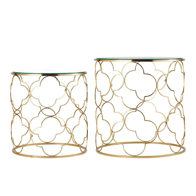 Lot de 2 tables basses avec plateau en verre et piètement en fil métallique, tables d'appoint rondes