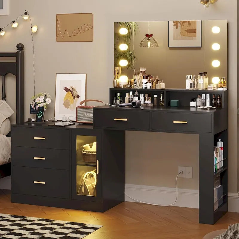 Coiffeuse Maquillage Miroir Lumineux LED Commode 5 Tiroirs Meuble
