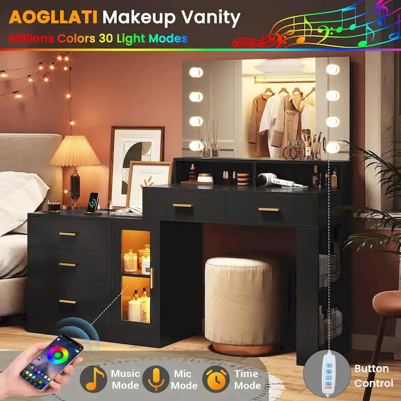 Coiffeuse Maquillage Miroir Lumineux LED Commode 5 Tiroirs Meuble