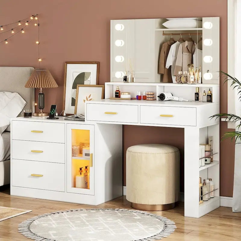Coiffeuse Maquillage Miroir Lumineux LED Commode 5 Tiroirs Meuble