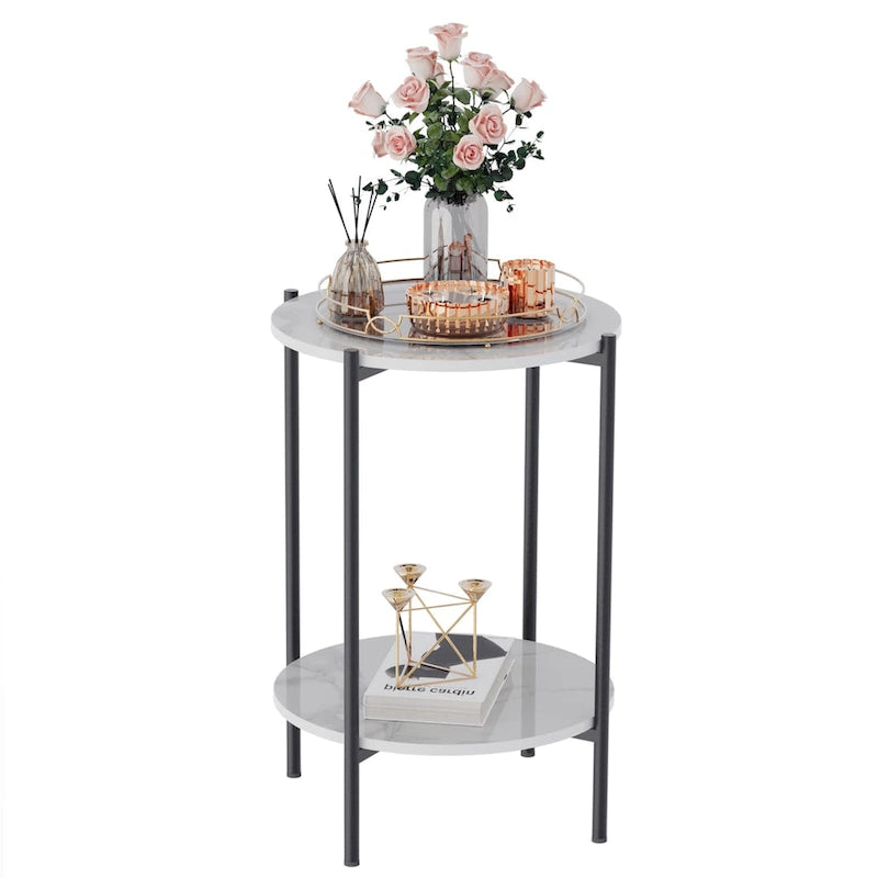Table d'appoint ronde à 2 niveaux en marbre, table basse de salon, cadre métallique noir