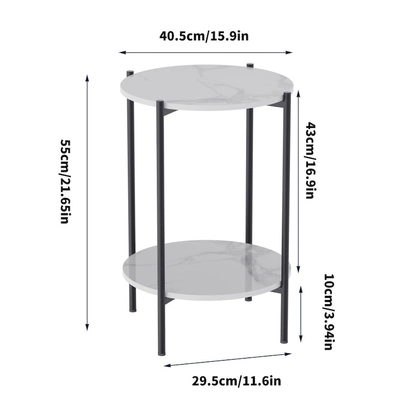 Table d'appoint ronde à 2 niveaux en marbre, table basse de salon, cadre métallique noir