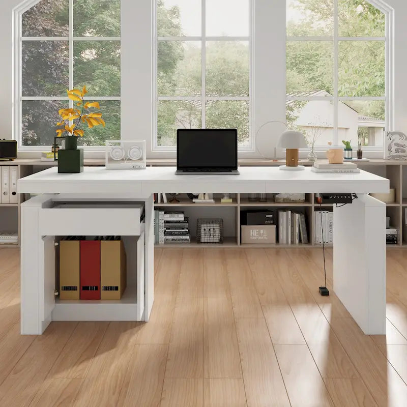 Bureau ergonomique assis-debout, élégance blanc pur avec caisson de rangement latéral