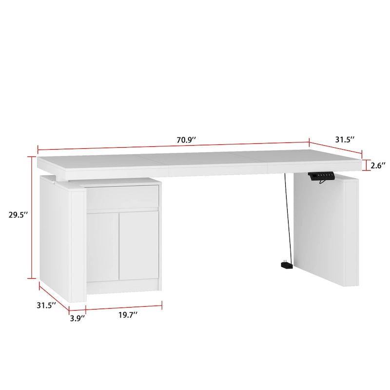 Bureau ergonomique assis-debout, élégance blanc pur avec caisson de rangement latéral