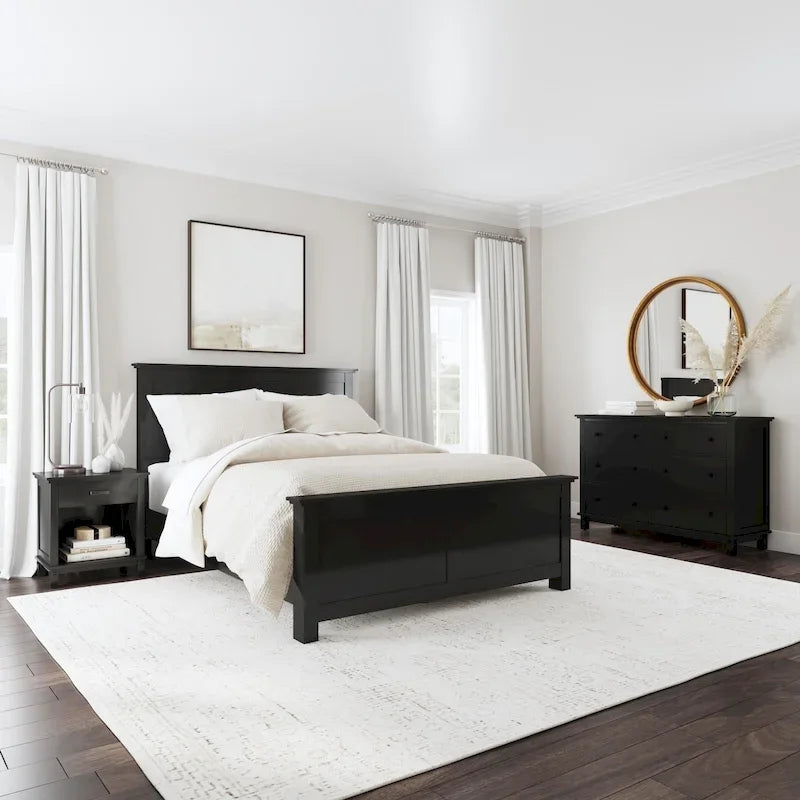 Lit Queen, table de nuit et commode Homestyles Oak Park en bois noir