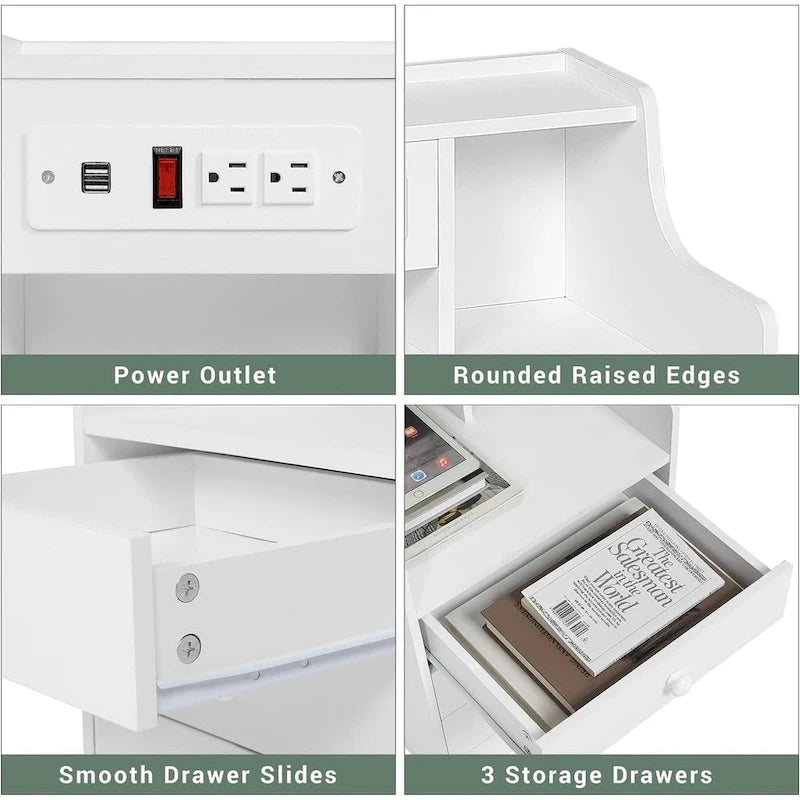 Table de chevet 3 tiroirs avec station de charge pour chambre à coucher
