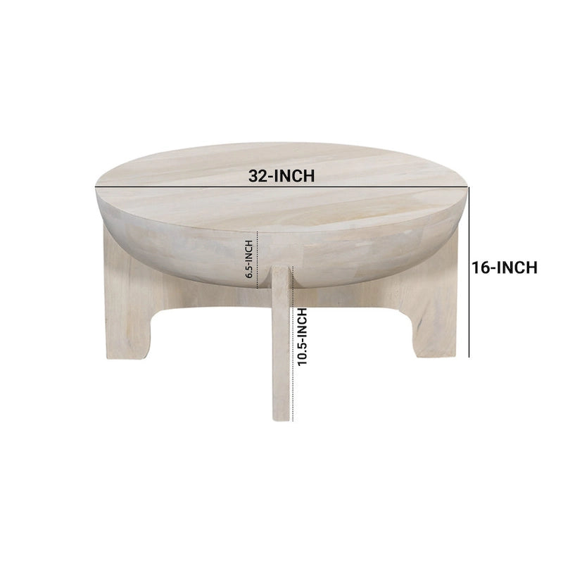 Table basse Tomas 32 po, plateau tambour en manguier, blanc délavé classique