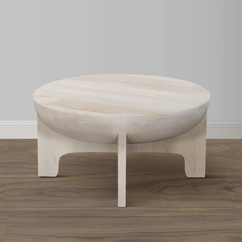 Table basse Tomas 32 po, plateau tambour en manguier, blanc délavé classique